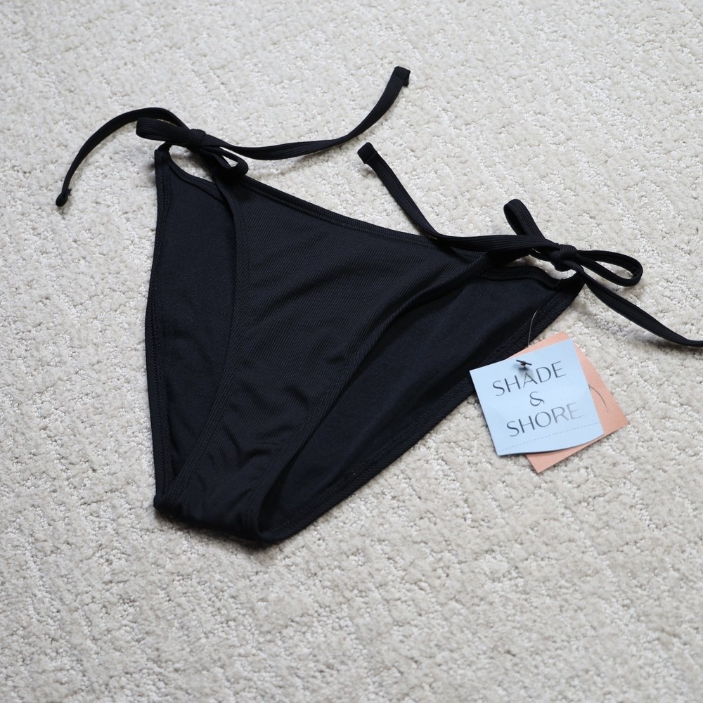 Shade & Shore Black Ribbed Side Tie Bikini Bottom Cheeky High Leg XS 0-2 NEW